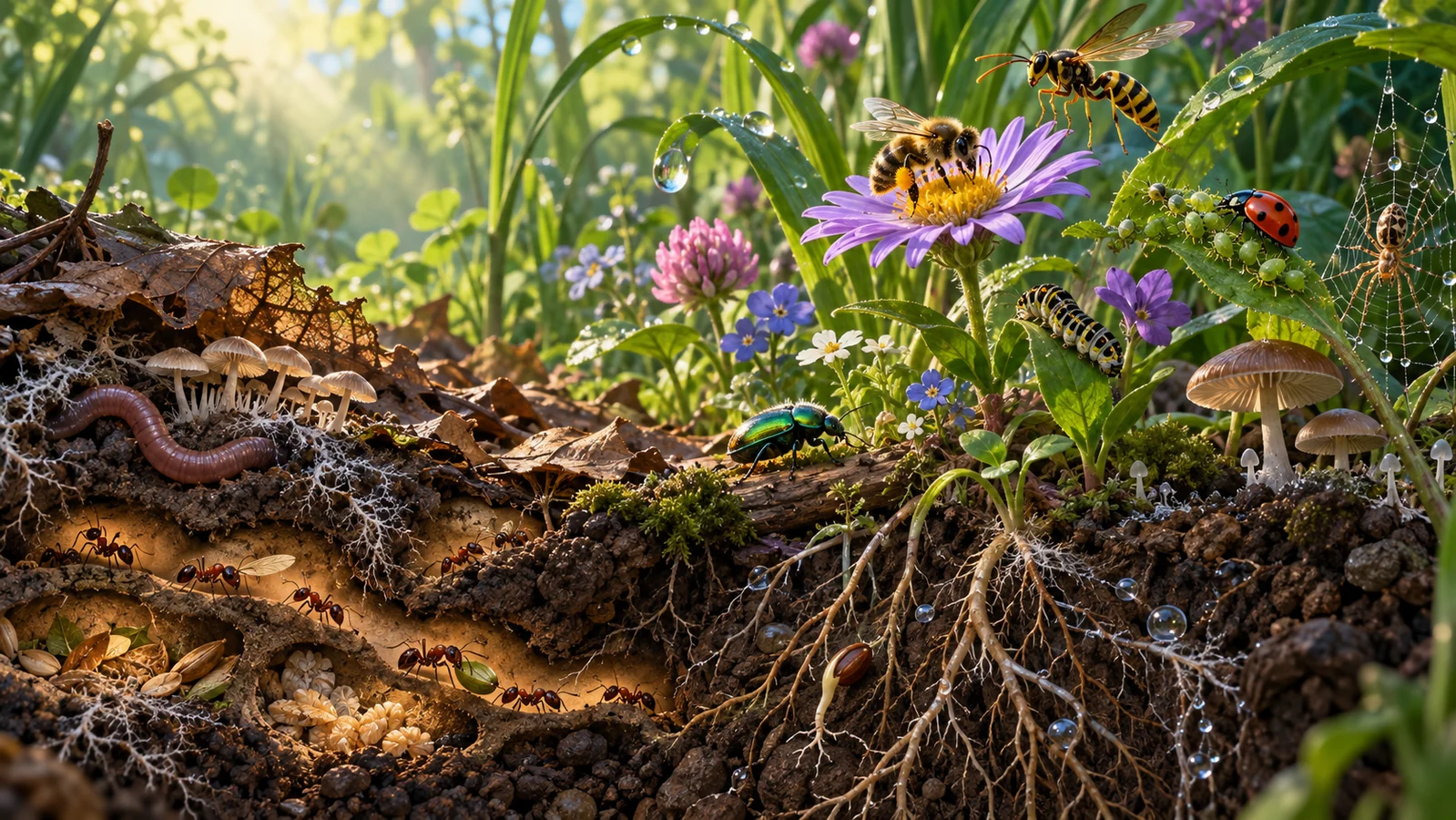 Concept art at undergrowth scale with ants in soil tunnels, a bee and wasp near flowers, beetles, worms, fungi, roots, and dew