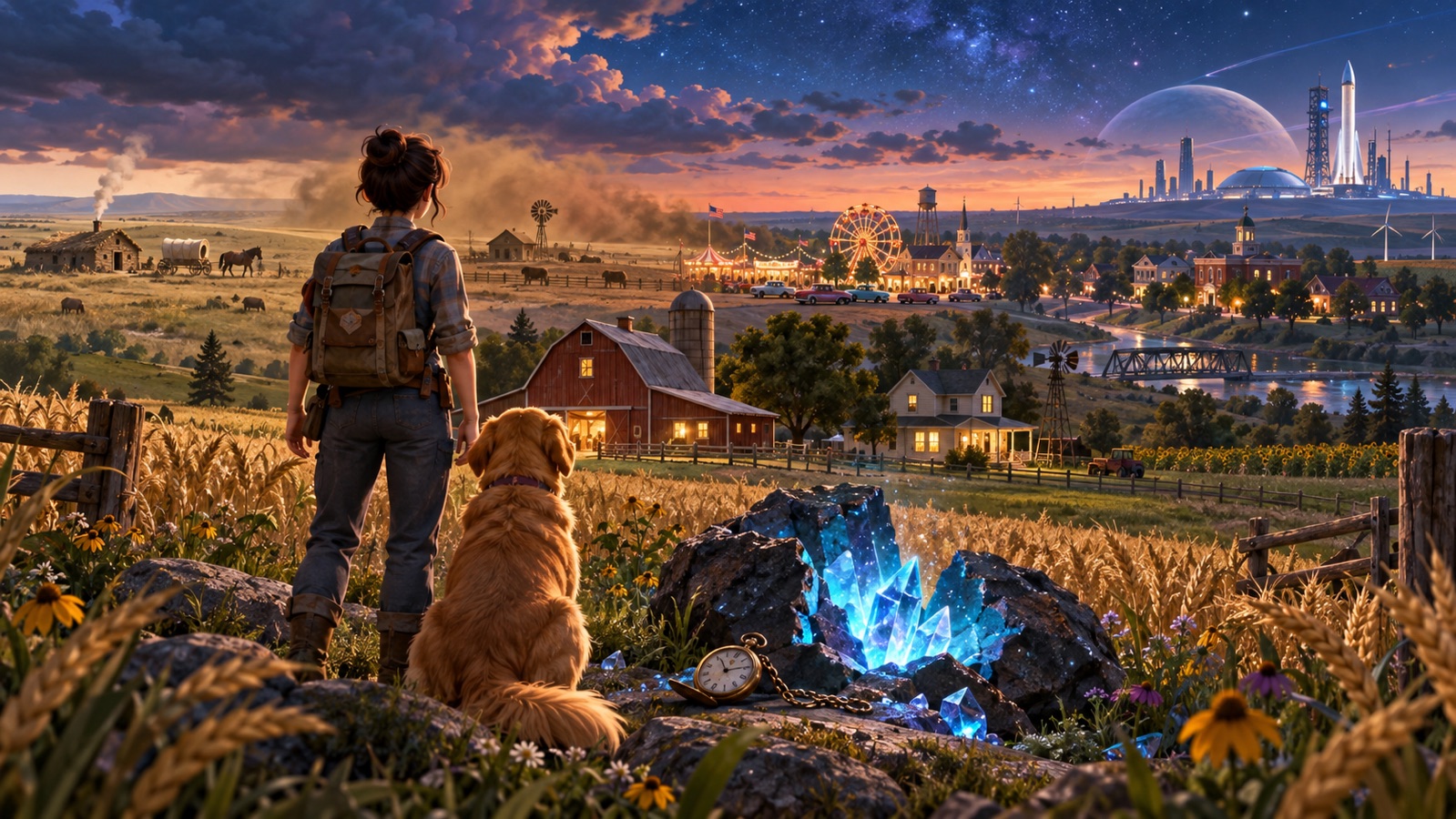 Concept art of a farmer and golden retriever overlooking a Kansas farm, glowing blue starglass, an 1876 prairie, a 1956 county fair, and a distant 2176 spaceport