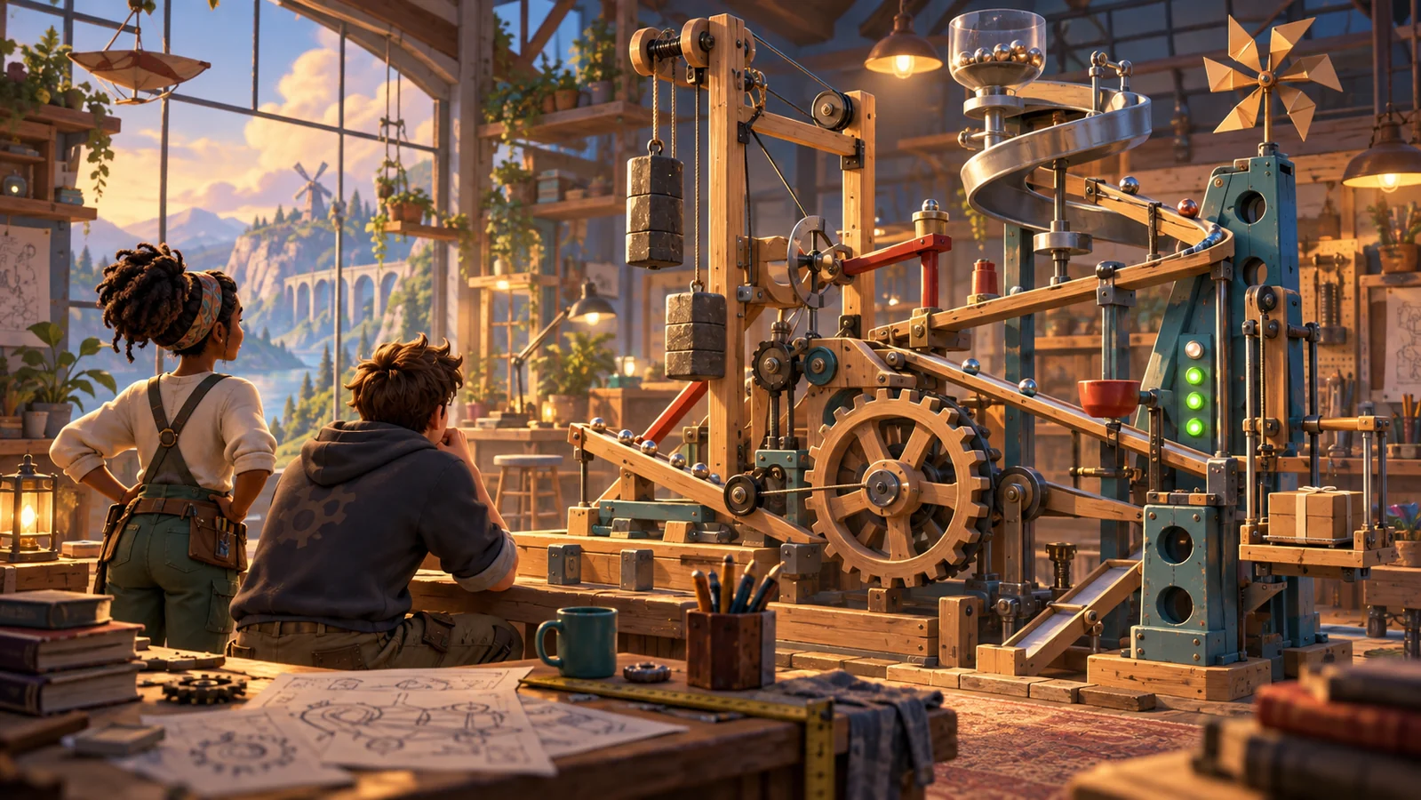 Concept art of two inventors testing a machine built from gears, pulleys, ramps, and counterweights