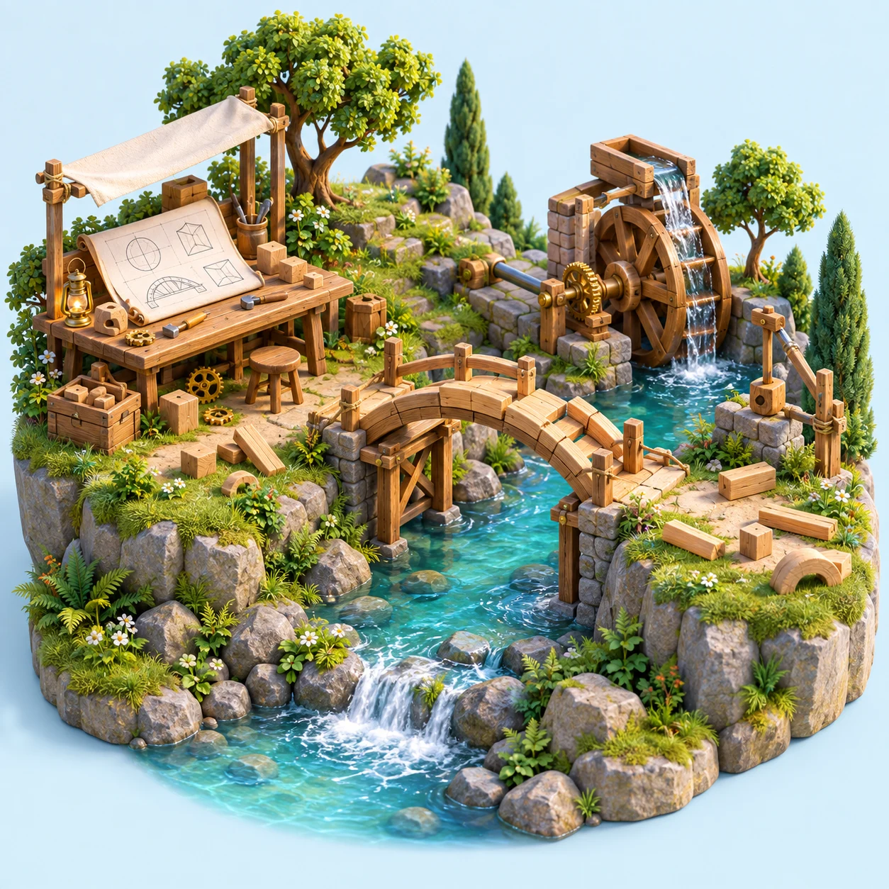 A miniature engineering workshop with a wooden bridge, waterwheel, building blocks, and plans beside a stream