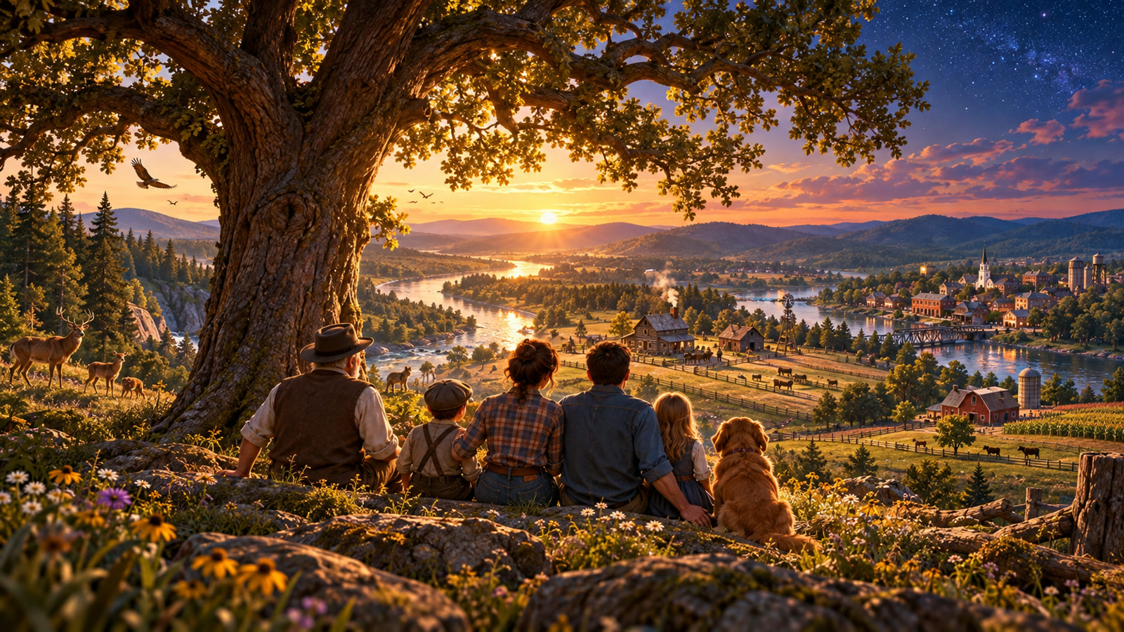 Concept art of a multigenerational family and dog beneath an old oak overlooking wildlife, a homestead, farms, river, and town across one continuous landscape