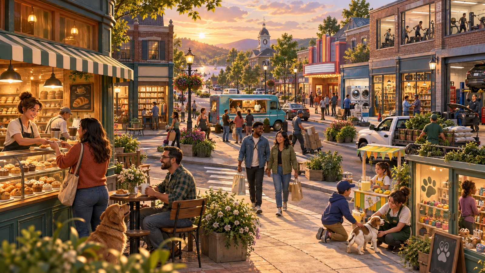 Concept art of a lively commercial district with a cafe, bakery, food truck, laundromat, theater, gym, hardware store, auto repair shop, landscaping crew, lemonade stand, and pet business