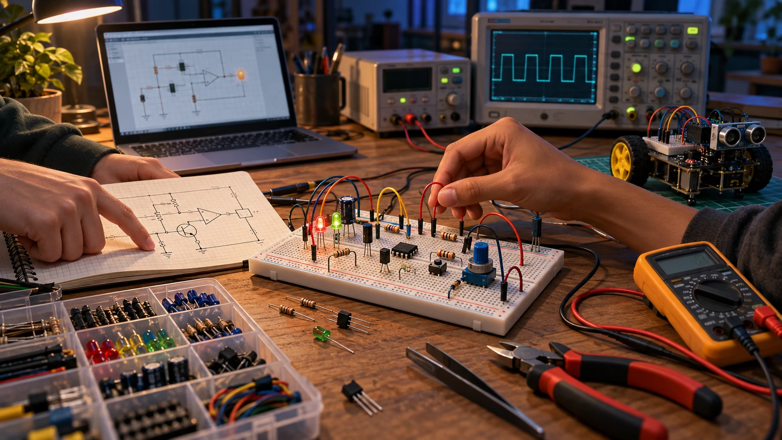 Concept art of a realistic electronics workbench with a solderless breadboard, resistors, LEDs, integrated circuits, schematic, oscilloscope, multimeter, and test project