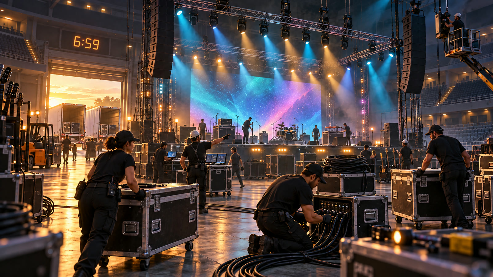Concept art of a concert production crew moving road cases, patching cables, testing lights, and building a touring arena stage before doors open